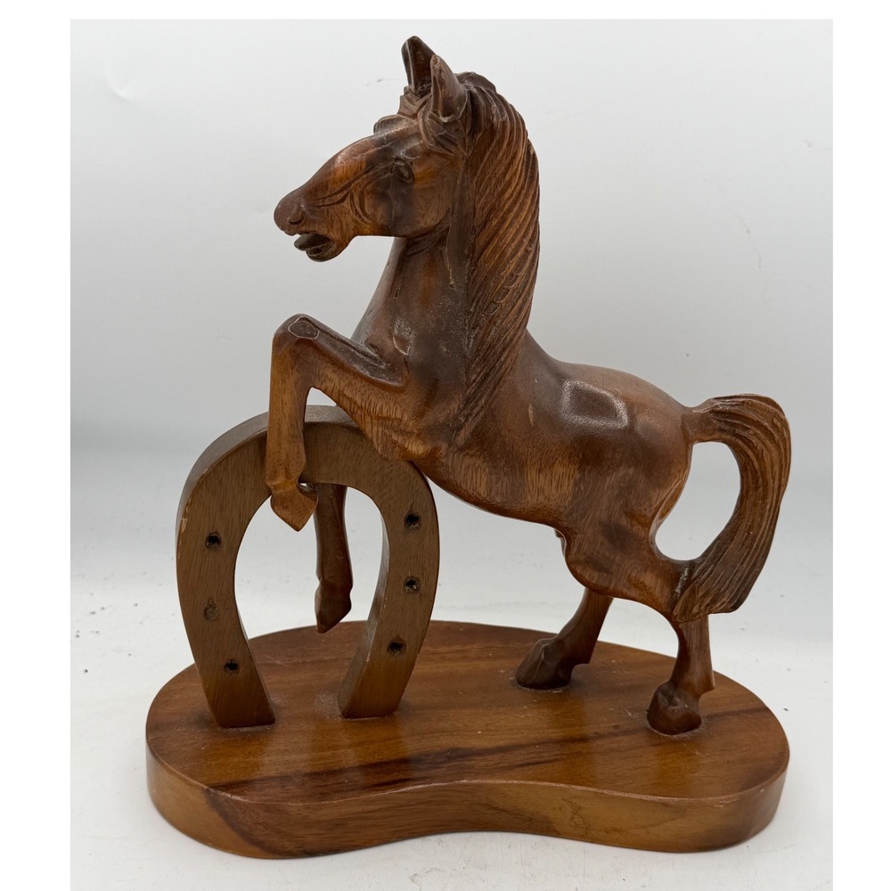 Vintage Hand Carved Monkey Pod Wood Horse Horseshoe Mid Century Philippines